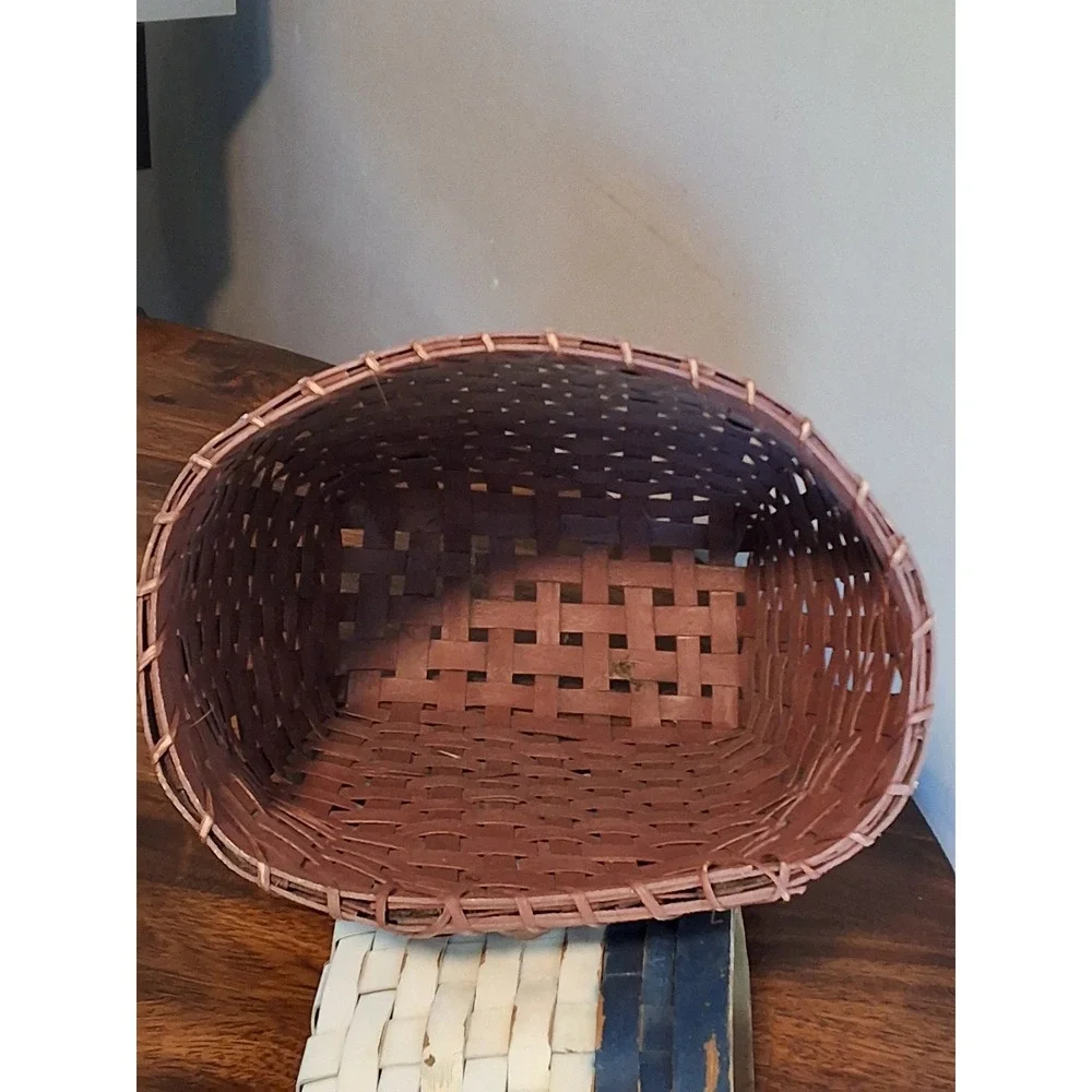 Vintage Woven Splint Basket Set Red Tall Floor & Blue White Wall Hanging Decor